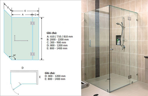 Vách tắm kính mở quay vuông góc